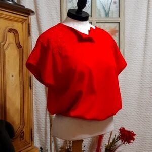 Womens Blouse sz L VICKI WAYNES Red shortsleeve shirt Embroider B4 embroidery